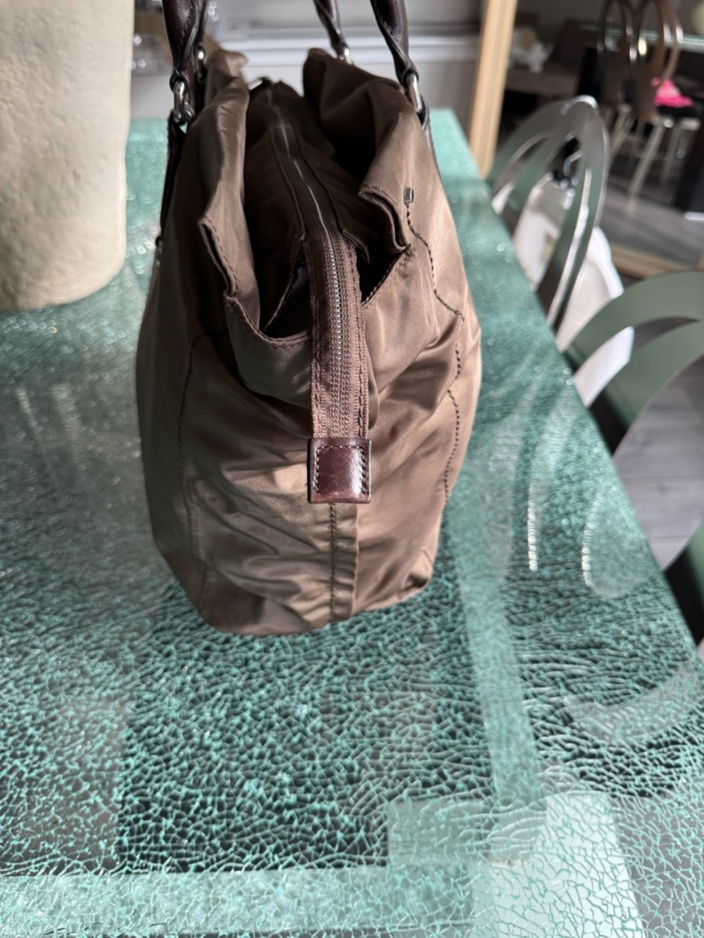 Tumi Olive Brown Nylon Tote with Dark Brown Leather Handles - Picture 4 of 8